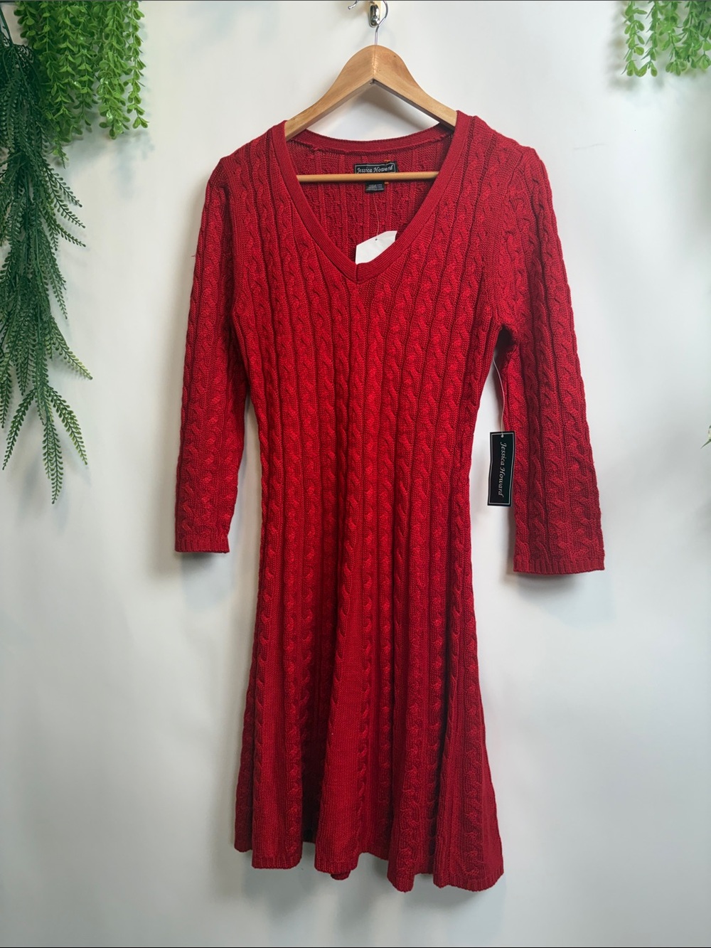 Jessica Howard Red Cable-Knit V-Neck Fit-and-Flare Dress